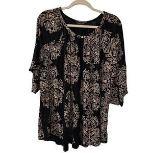 Lucky Brand Boho Blouse Black Tan Floral Print 3X Plus Size Keyhole Top Flow EUC